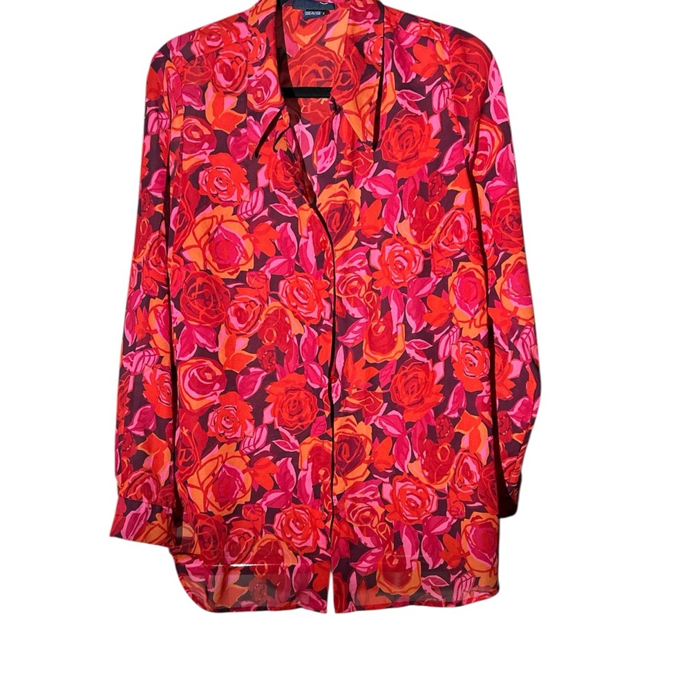 Vibrant Red and Pink Long Sleeve Graphic Button Down